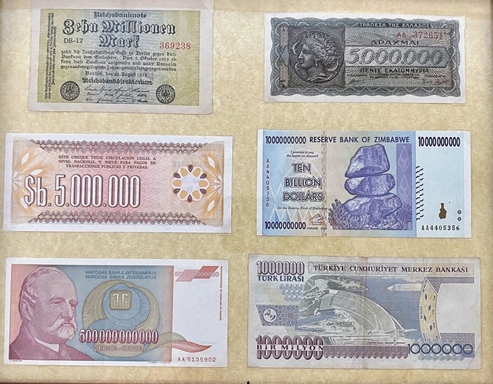 Collection of historical banknotes from inflationary periods
